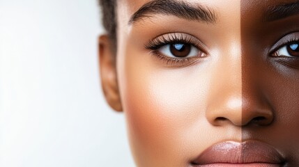 Fototapeta premium A close-up of a person's face with different skin tones blending together, symbolizing diversity, ultra-realistic,
