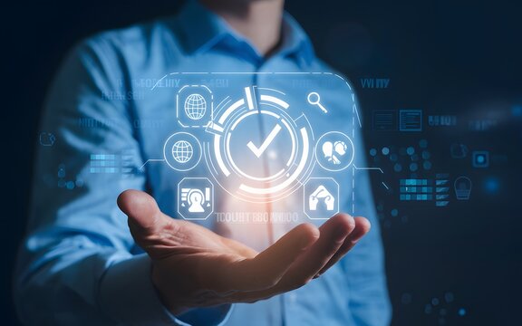 Digital Technology Innovation Futuristic Interface Modern Businessman Hand Holding Hologram Checkmark Successful Project Management Software Application Development Data Analysis Network Security      - Powered by Adobe
