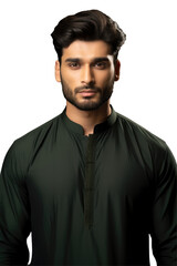 Obraz premium Handsome Indian Muslim Man Wearing Green Kurta a Traditional Attire for Ramadan Mubarak Photo on Png Background.Fictional Character Created By Generative AI