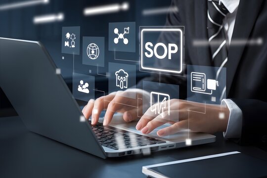 Digital Business SOP Implementation Modern Technology Laptop Workflow Process Management Efficient Strategy Online Business Solutions Professional Teamwork Efficient System Strategic Planning Global   - Powered by Adobe
