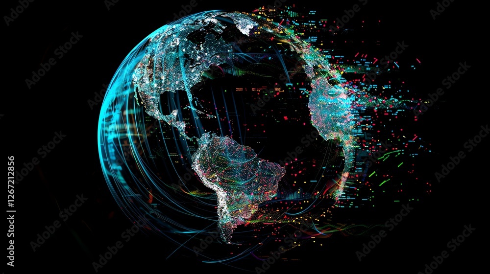 Poster a digital rendering of a glowing blue earth with lines and dots, symbolizing a network or data conne