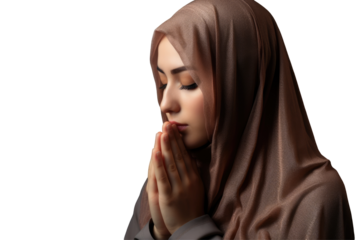 Beautiful young muslim woman in brown traditional attire and praying with her hands clasped together on png background photo.Fictional Character Created By Generative AI