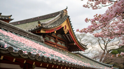 Naklejka premium Traditional Japanese Architecture Surrounded by Cherry Blossom Trees in Full Bloom Under a Cloudy Sky