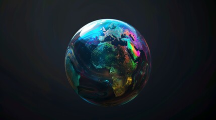 Naklejka premium A soap bubble with a holographic effect that shows an image of Earth.
