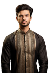 Obraz premium Handsome Indian Muslim Man Wearing Grey Kurta a Traditional Attire for Ramadan Mubarak Photo on Png Background.Fictional Character Created By Generative AI