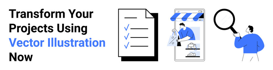 Checklist document, online storefront on mobile, person inspecting with magnifying glass. Ideal for productivity, e-commerce, design, workflow, digital marketing, organization flat landing page
