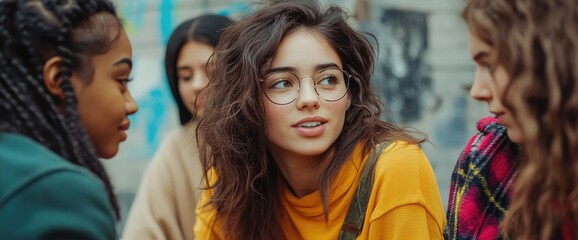 Diverse women chatting outdoors, urban background, friendship