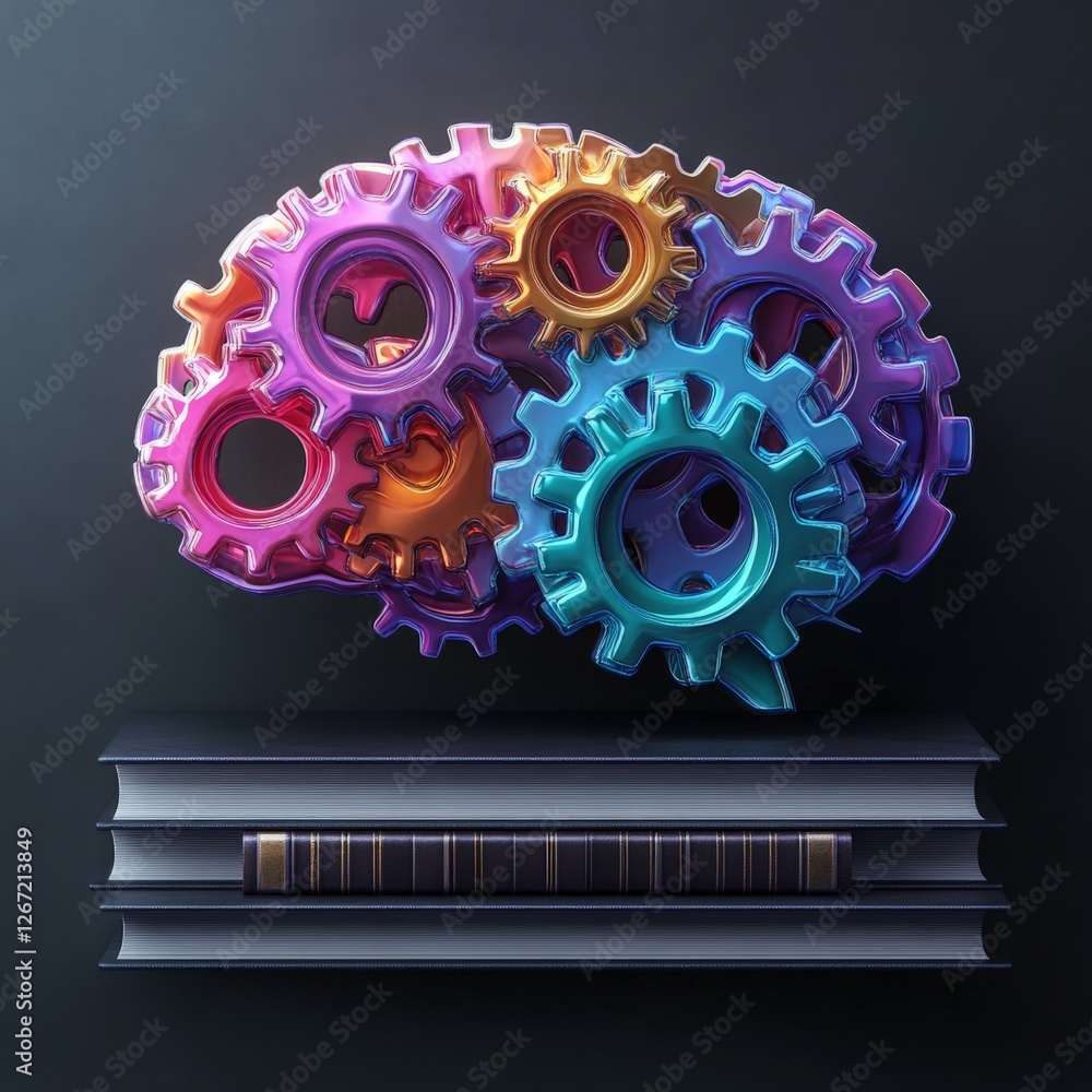 Aufkleber creative concept of multicolored gears forming a human brain on dark background symbolizing artifici