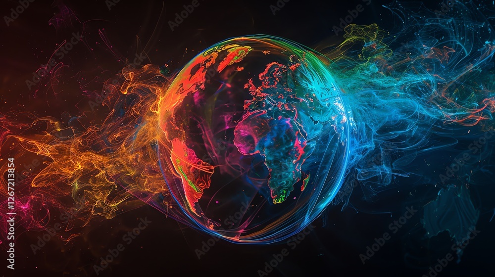Poster a 3d rendering of the earth, surrounded by colorful, glowing lines and particles, against a dark bac