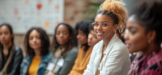 Diverse women's group meeting, smiling attendee