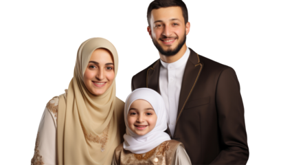 A Little Muslim Family of Happy Young Couple with a Child Girl Together Standing for Ramadan Mubarak Photo on Png Background.Fictional Character Created By Generative AI