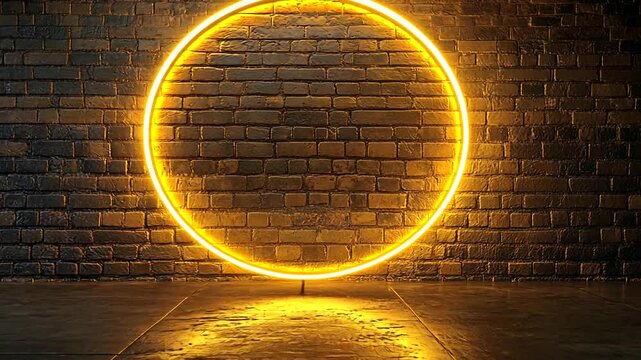 Neon circle against a textured brick wall backdrop