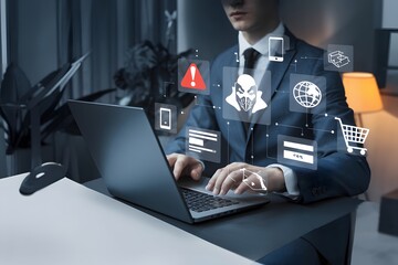 Cybersecurity Threat Protection Online Security Digital Safety Businessman Working Laptop Internet Fraud Prevention Secure Data Privacy Risk Management Technology Financial Transaction Global Network 