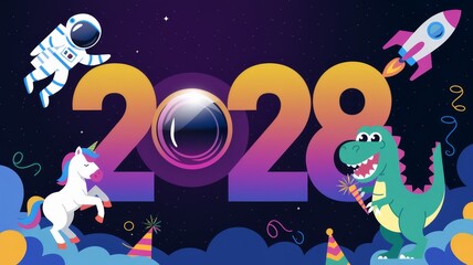 Naklejka premium Fun Cartoon-Style 2028 Celebration with Astronaut, Unicorn, and Dinosaur Generatve aI
