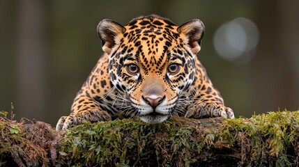 Obraz premium Jaguar peering over mossy log, rainforest background, wildlife photography