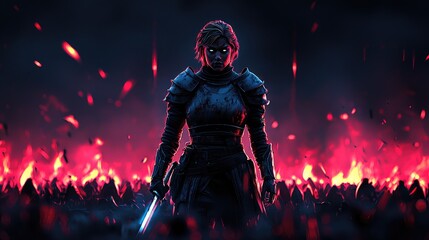 Fototapeta premium A female warrior in dark armor stands defiantly amidst a fiery inferno, her glowing sword held ready.