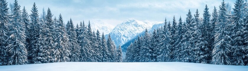 Fototapeta premium Serene Winter Landscape with Snow-Covered Trees and Majestic Mountains in the Background