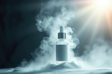 Clear serum dropper bottle with blank, white label on a dark and foggy background. . Ideal for cosmetic product mockup.