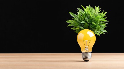Yellow lightbulb with plant, representing sustainable energy, on wooden surface
