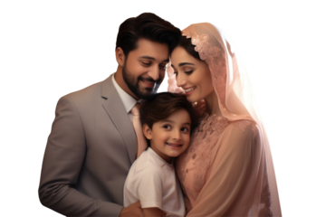 A Little Muslim Family of Happy Young Couple with a Child Girl Together Standing for Ramadan Mubarak Photo on Png Background.Fictional Character Created By Generative AI