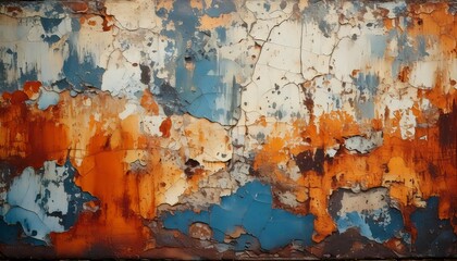 Obraz premium A weathered wall texture with patches of peeling paint, rust stains, and a mix of faded background