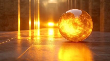 Glowing sphere illuminates a warm architectural space