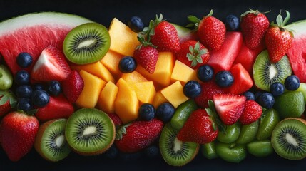 Obraz premium A colorful fruit platter with watermelon, strawberries, and kiwi, vibrant and fresh,