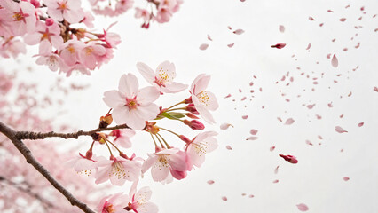 Fototapeta premium Delicate Cherry Blossom Petals Falling Gently from Branch in Soft Pink Background with Light Overcast Sky