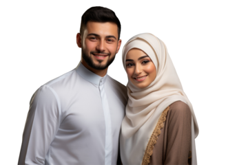 Smiling Muslim Couple Standing for Ramadan Mubarak, Islamic Holy Month Festival Photo on Png Background.Fictional Character Created By Generative AI