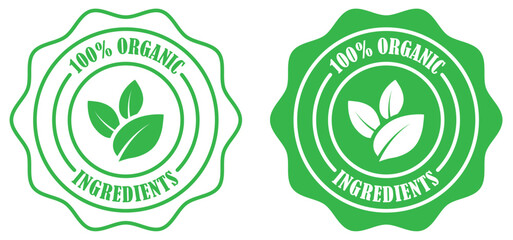 100 organic product badge collection set on white background. Sustainable organic food quality label. 100 percent organic ingredients certified label. Bio friendly organic stamp. Vector illustration 
