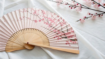 Elegant decorative fan adorned with blooming cherry blossoms on soft fabric backdrop, perfect for cultural celebrations