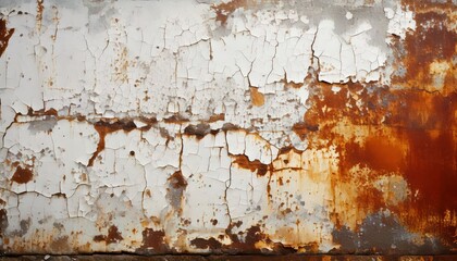 Fototapeta premium A weathered wall with peeling white paint and streaks of rust blending into brown and grey background