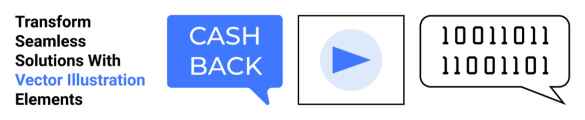 Cashback text in blue chat bubble, play button inside a square, binary code in speech bubbles. Ideal for finance, technology, digital marketing, analytics, customer rewards, communication web