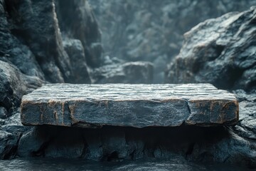 Serene Stone Platform Amidst Misty Volcanic Rocks