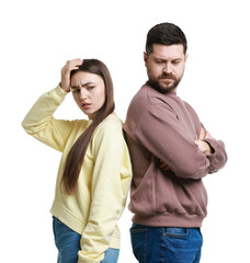 Fototapeta premium Resentful couple on white background. Relationship problem
