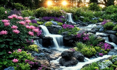 Mystical Garden with a Cascading Waterfall and Reflective Water &ndash; Tranquil Sunrise Over an Idyllic Outdoor Escape