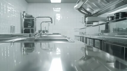 An exquisite commercial kitchen with bright features, showcasing stainless steel equipment, organized accents, and a well-thought-out layout for effective cooking workflows.