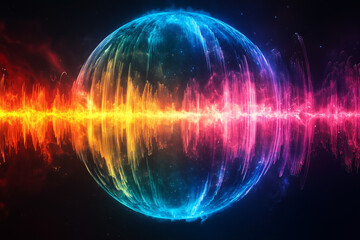 Obraz premium Spectral Resonance: A vibrant and ethereal sphere pulsates with energy, surrounded by a spectrum of colors radiating outwards, creating a mesmerizing symphony of light and movement. 
