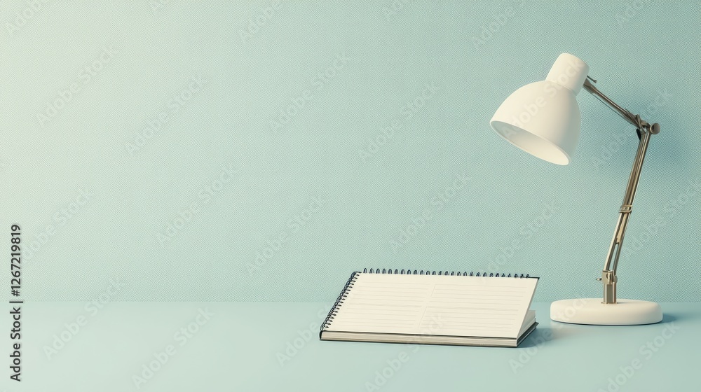 Poster a minimalistic office desk featuring a single desk lamp and an open planner on a soft blue backgroun