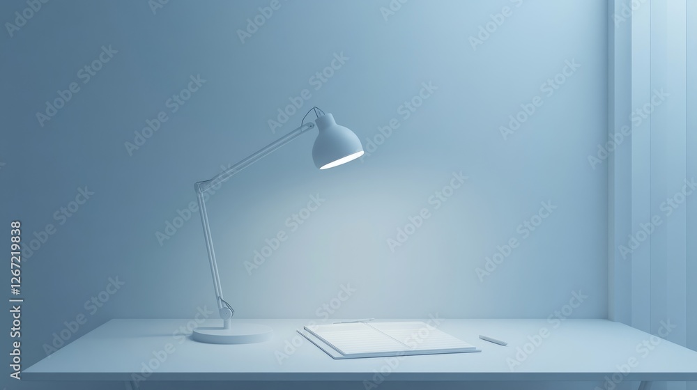 Poster a minimalistic office desk featuring a single desk lamp and an open planner on a soft blue backgroun