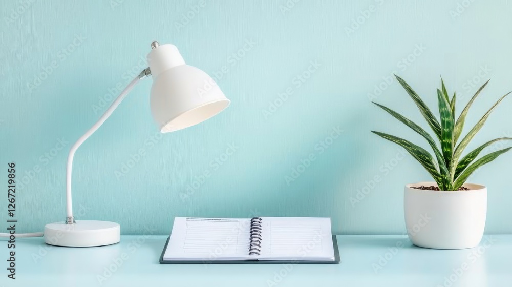 Poster a minimalistic office desk featuring a single desk lamp and an open planner on a soft blue backgroun