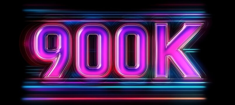 Glowing Digital 3D Number 900K in Futuristic Style on an Abstract Background with Neon Lights