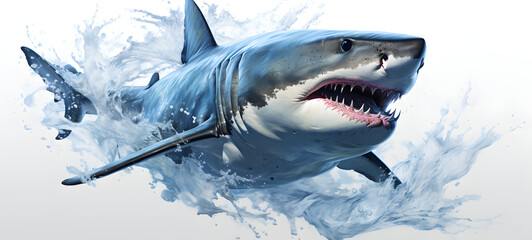 Fototapeta premium A high-speed camera captured side view of the moment a minimalist illustrated shark created from clear water, ai generative