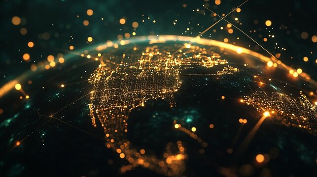 Global Network Connections Digital Earth Golden Lights Abstract Technology Background Futuristic World Map Illustration Golden Particles Space Network