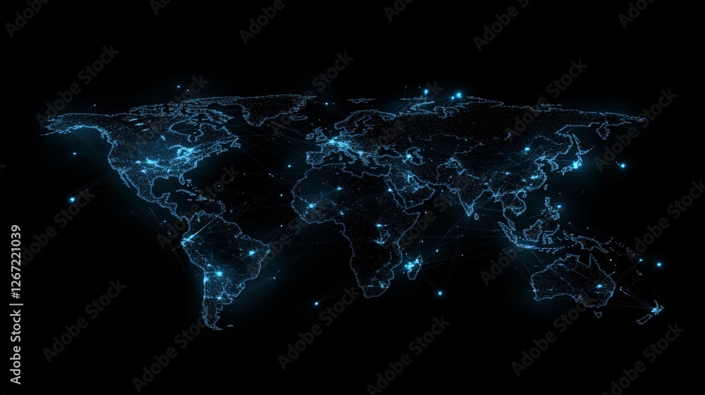 Aufkleber global network connection digital world map abstract blue illuminated points lines technology backgr