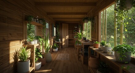 Fototapeta premium Indoor Greenhouse with Potted Plants and Wood Interior Design
