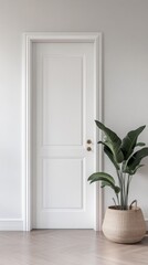 This mockup presents a modern door design set in a minimalistic interior, complemented by a lush potted plant in a woven basket, creating a serene atmosphere