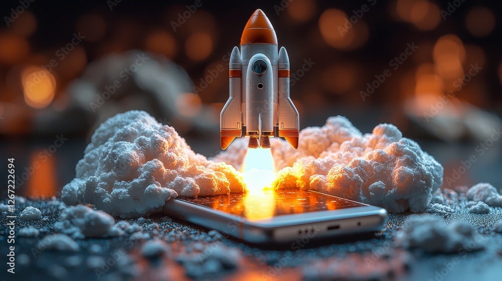 Aufkleber a captivating image of a rocket taking off from a smartphone, surrounded by magical sparks, illustra