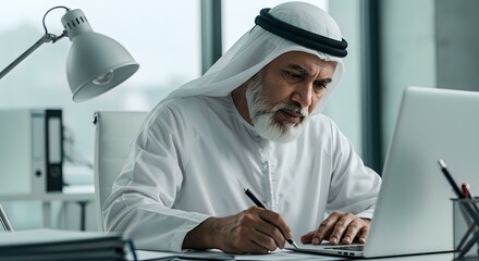 Focused Middle Eastern Businessman in Traditional Attire Working on