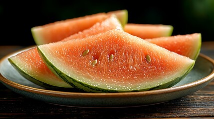 Juicy watermelon slices on plate, summer table, dark background, food photography